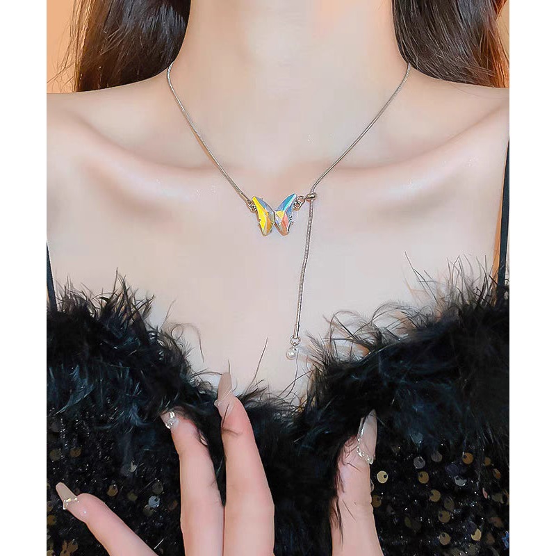 Brief Silk Stainless Steel Butterfly Tassel Pendant Necklace