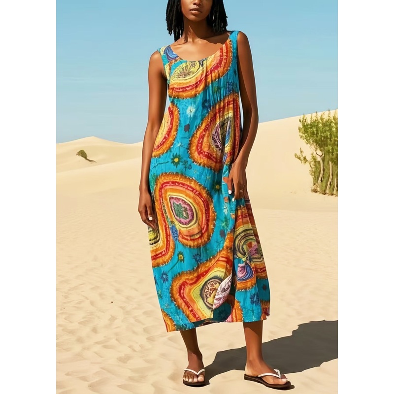 Casual Blue Oversized Print Cotton Maxi Dresses Summer