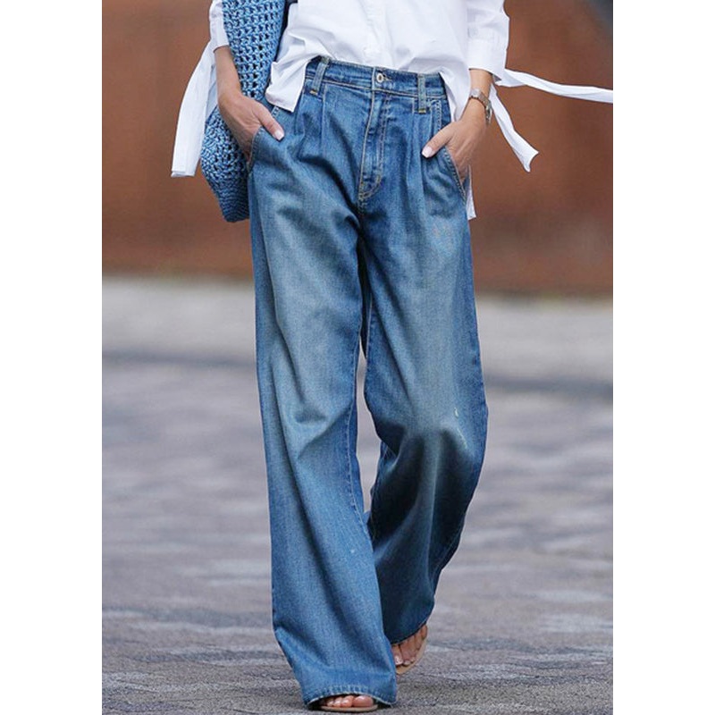 Casual Blue Pockets Denim Wide Leg Pants Spring