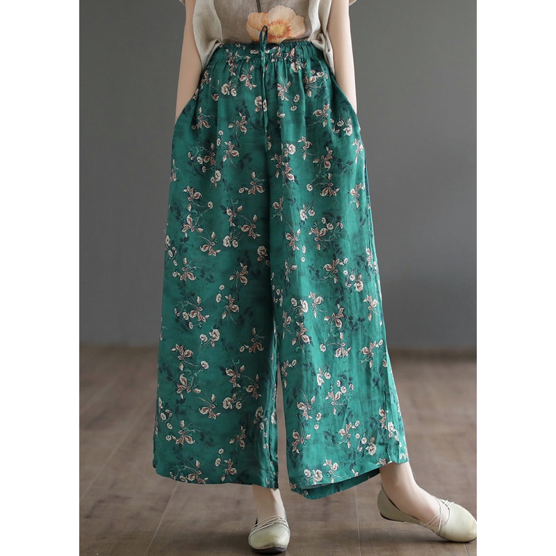 Casual Green Pockets Print Lace Up Elastic Waist Linen Wide Leg Pants Summer