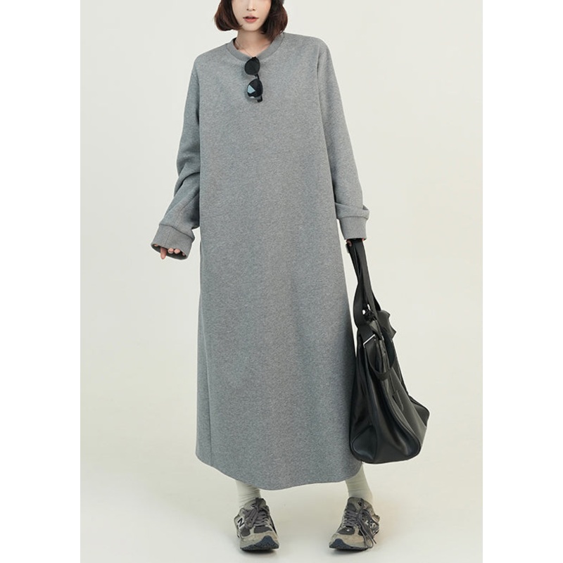 Casual Grey O Neck Loose Cotton Straight Dresses Fall