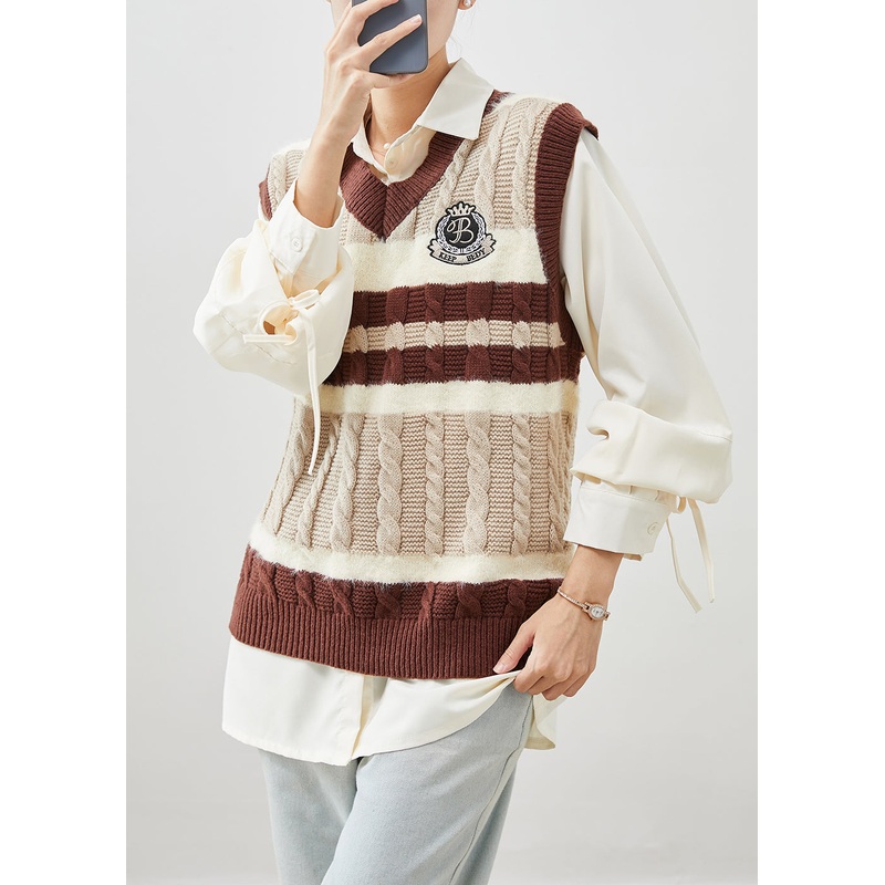 Casual Khaki V Neck Patchwork Knit Vest And Shirt Two Pieces Set Winter