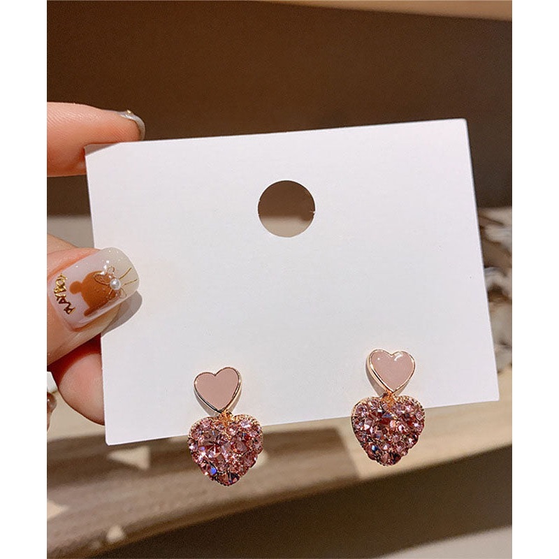 Casual Pink Alloy Inlaid Gem Stone Zircon Love Stud Earrings