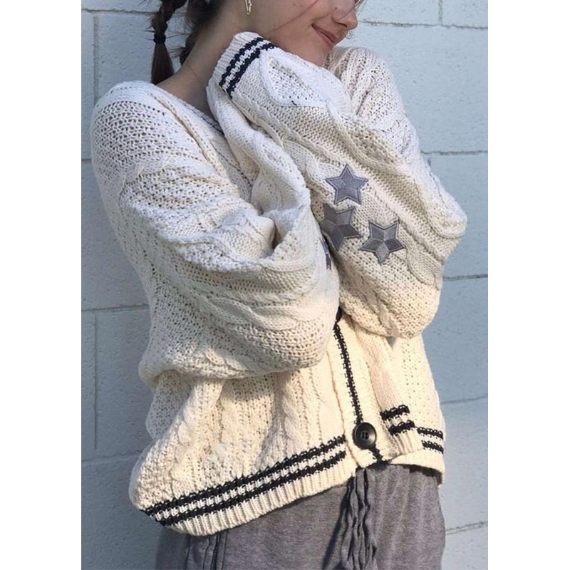 Casual White V Neck Embroidered Knit Cardigan Fall