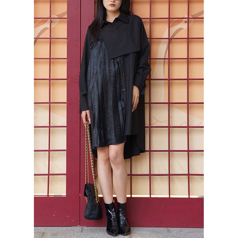 Chic Black Asymmetrical Low High Design Cotton Dresses Spring