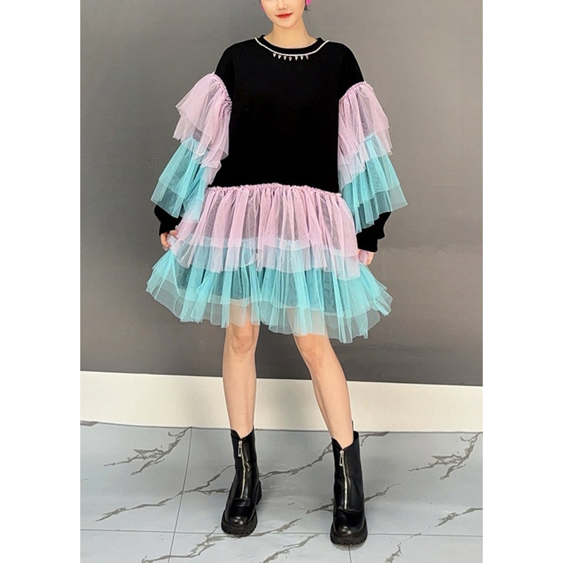 Chic Black O Neck Tulle Patchwork Cotton Mid Dress Fall