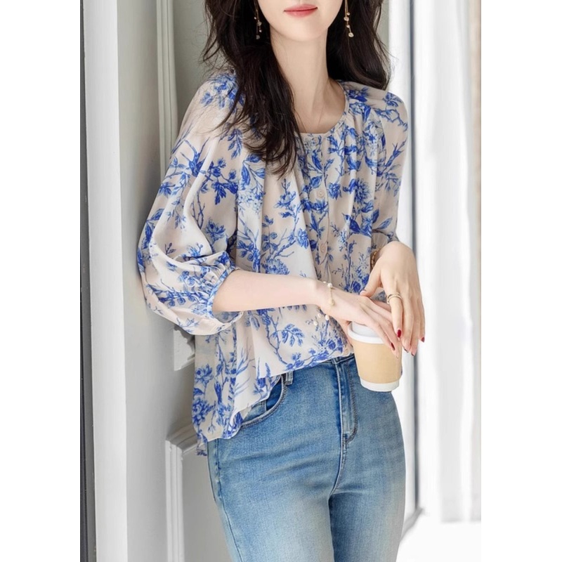 Chic Blue O-Neck Print Chiffon Top Summer