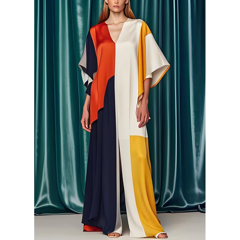 Chic Colorblock V Neck Plus Size Silk Jumpsuits Summer