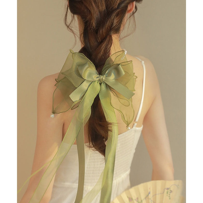 Chic Green Tulle Patchwork Silk Blended Pearl Bow Hairpin