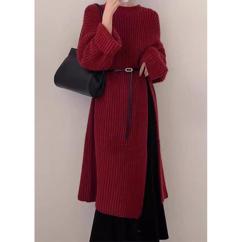 Chic Red O Neck Side Open Knit Long Sweater Winter