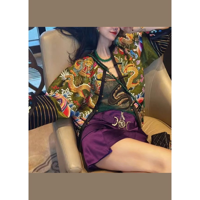 Chinese Style Yellow Embroideried Button Patchwork Cotton Jackets Fall