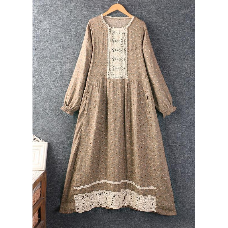 Classy Khaki O Neck Print Lace Patchwork Cotton Long Dress Spring