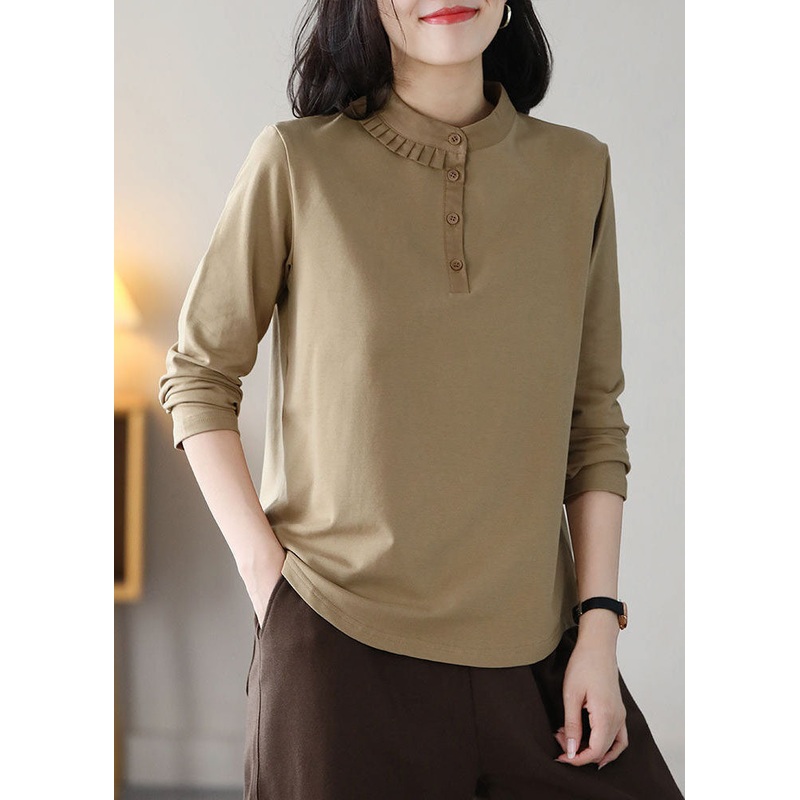 Classy Khaki Stand Collar Slim Fit Wrinkled Cotton Blouse Tops Spring