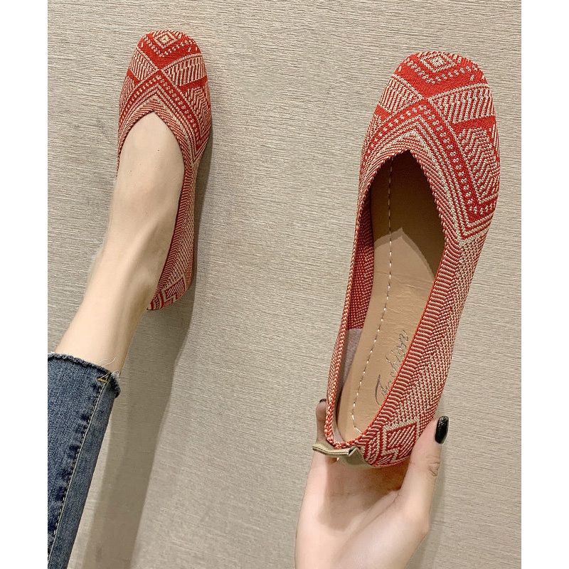 Comfy Flat Shoes Red Knit Fabric Boutique Print Flat Shoes For Women