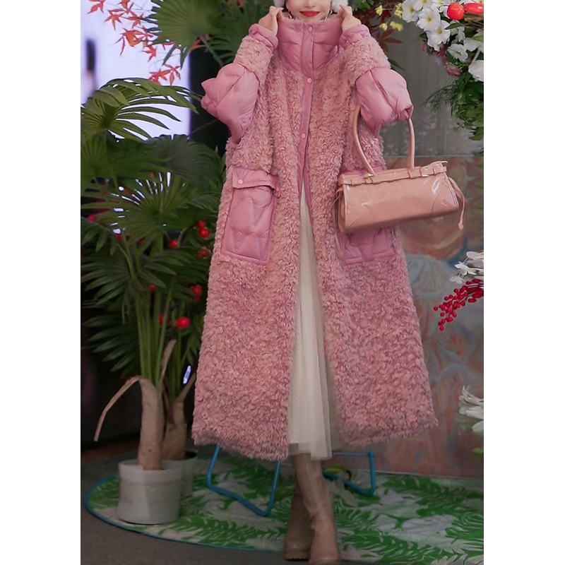 Cute Pink Pockets Teddy Patchwork Long Parka Winter