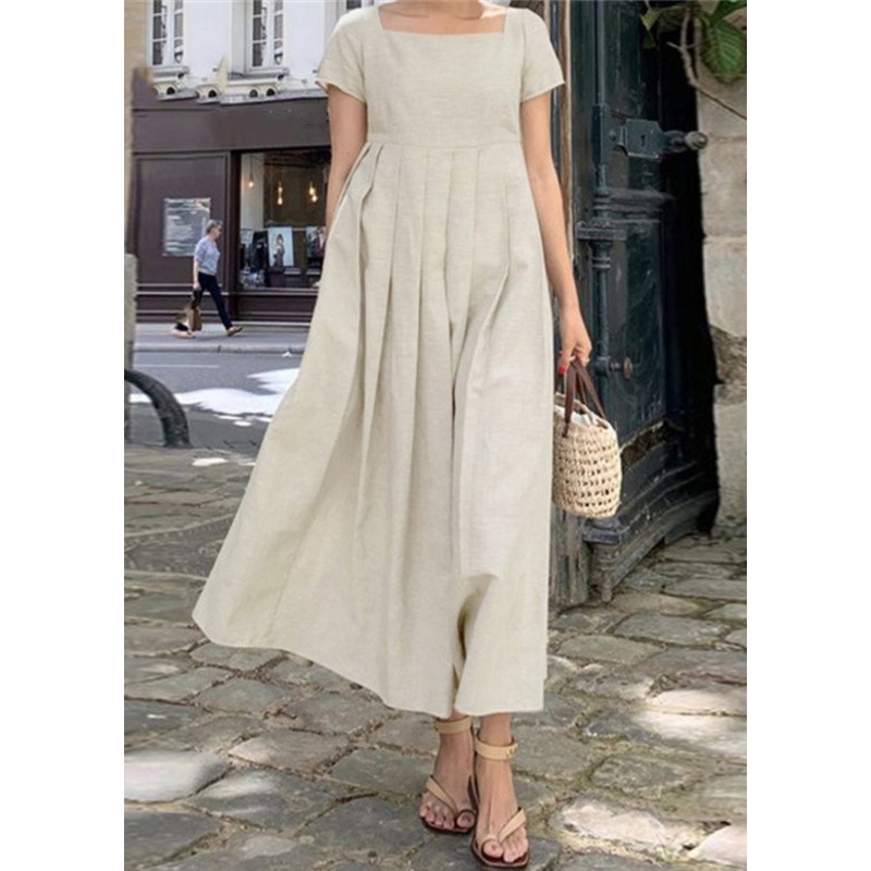 Elegant Apricot Square Collar Wrinkled Cotton Long Dress Summer
