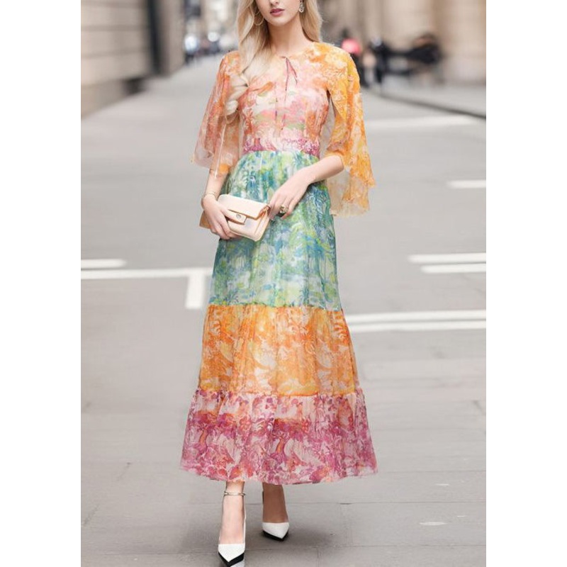 Elegant Colorblock Lace Up Print Chiffon Long Dresses Half Sleeve