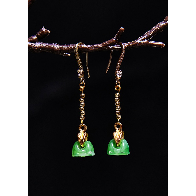 Elegant Green Lotus Seedpod Jade Gilding Drop Earrings