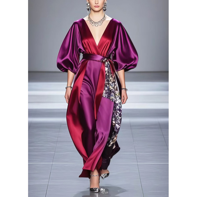Elegant Purple Asymmetrical Patchwork Silk Dresses Lantern Sleeve