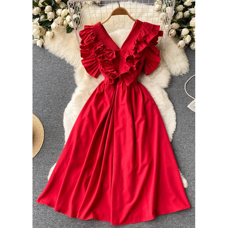 Elegant Red Ruffled Button Solid Cotton Dress Summer