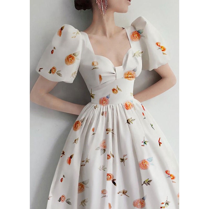 Elegant White Print High Waist Cotton Dresses Summer
