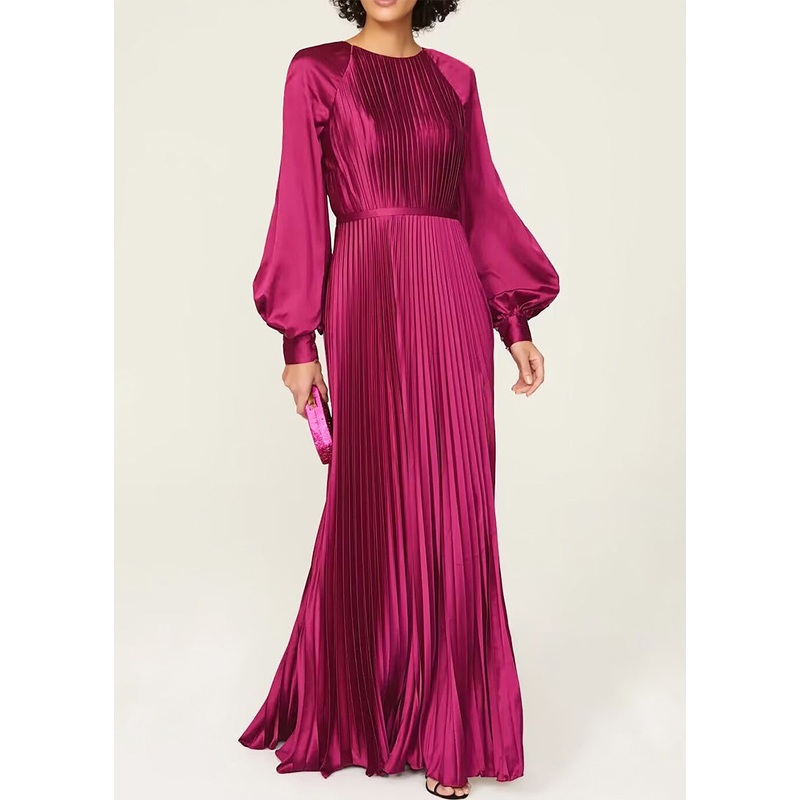 Elegant Wine Red O Neck Wrinkled High Waist Silk Dresses Fall