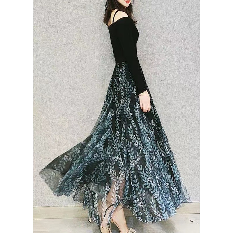 Fashion Green Print Elastic Waist Loose Tulle Skirt Spring