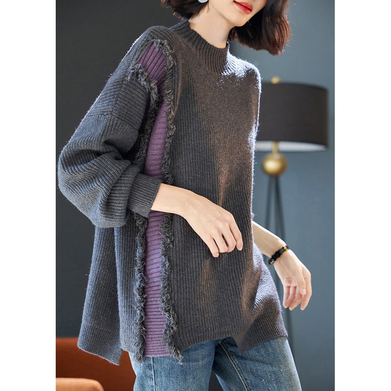 Fashion Grey Fluffy Patchwork Thick Knit Sweater Tops Winter
