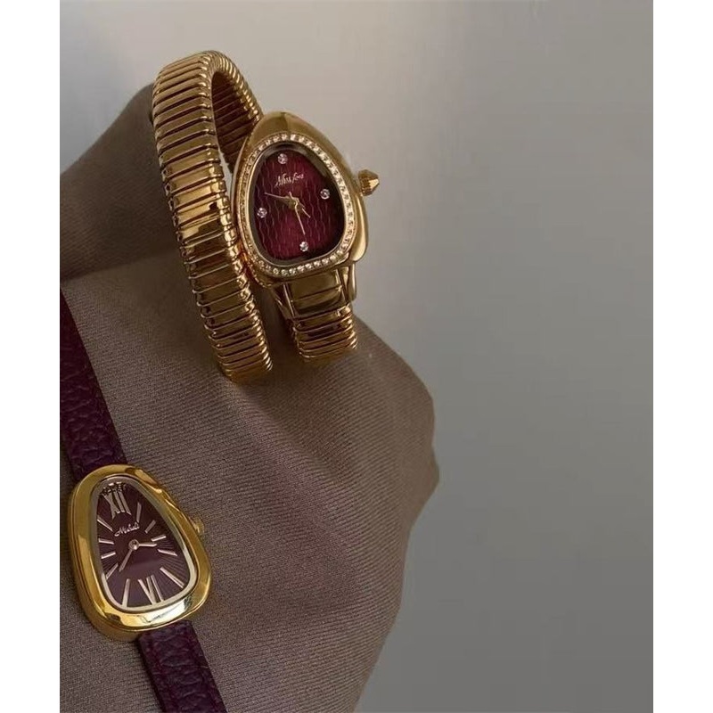 Fine Gold Stainless Steel Zircon Tempered Glass Serpentine Watches