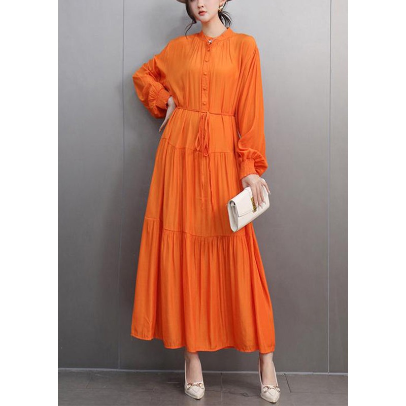 Fine Orange O-Neck Patchwork Tie Waist Long Dresses Spring
