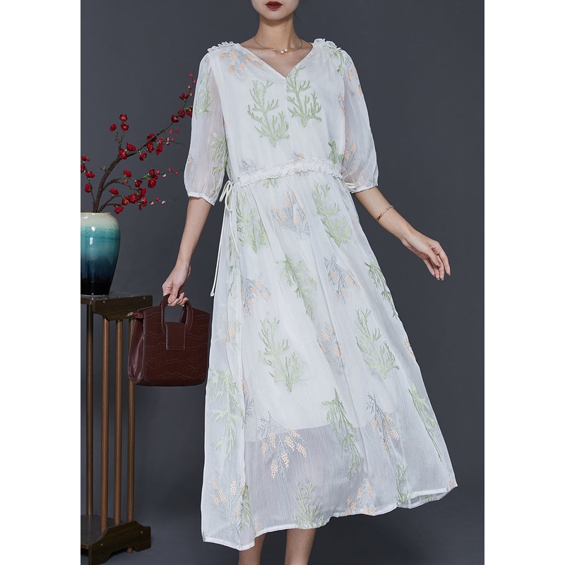 Fine White Embroidered Silk Cinched Dress Summer