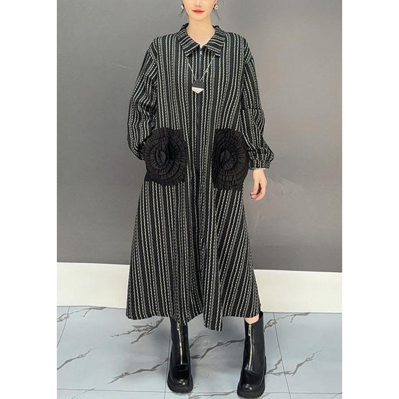 Floral Black Zippered Striped Cotton Long Dress Fall