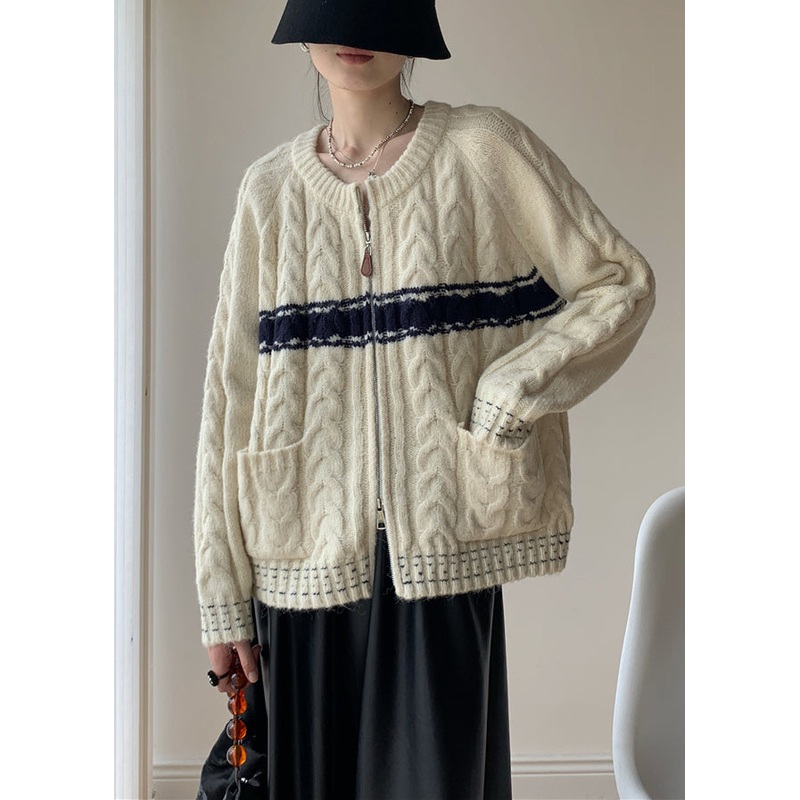 French Beige Zip Up Cozy Knit Sweater Winter