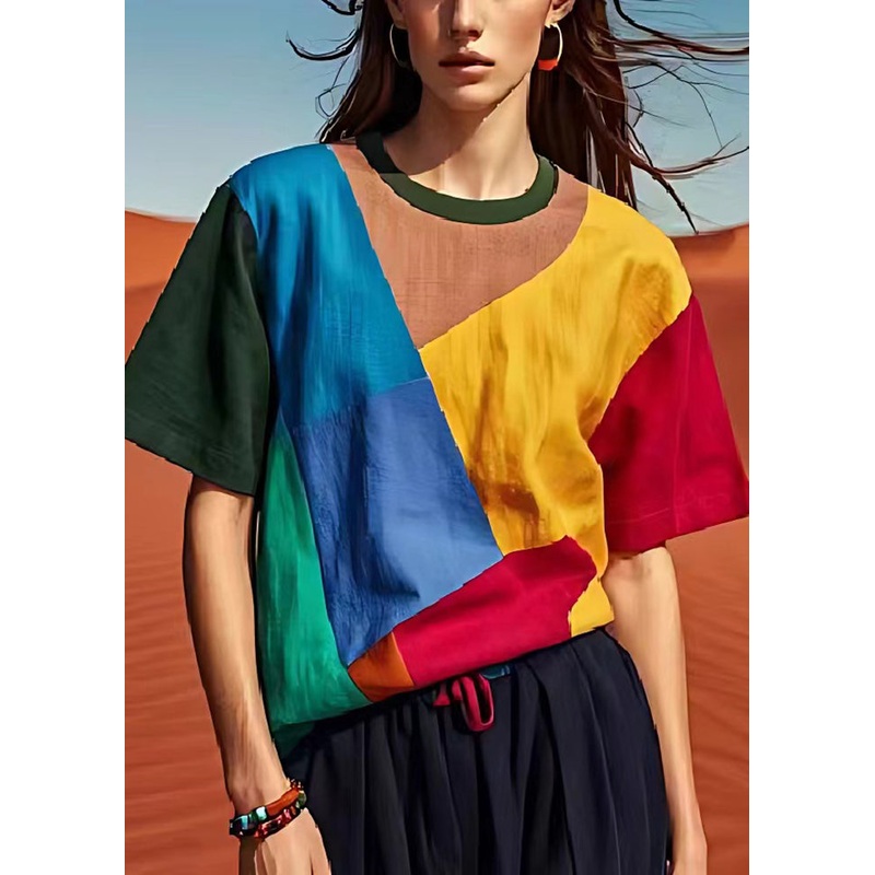 French Colorblock Asymmetrical Patchwork Linen Tank Tops Summer