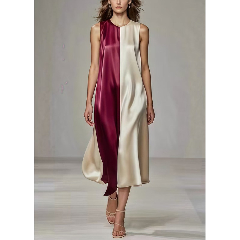 French Colorblock Oversized Patchwork Silk Long Dress Summer