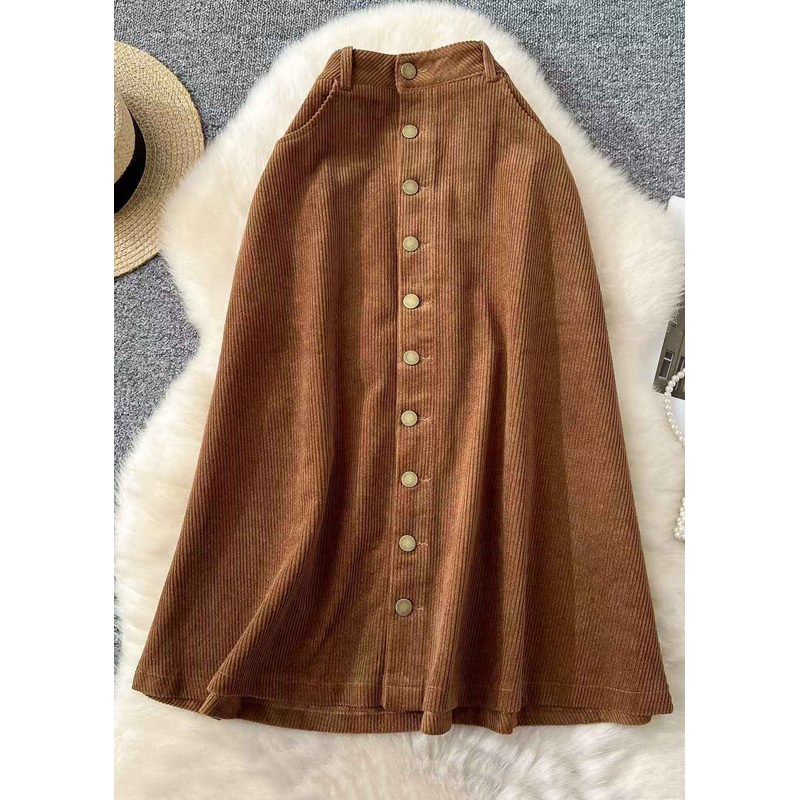 French Khaki Button Pockets High Waist Corduroy Skirts Winter