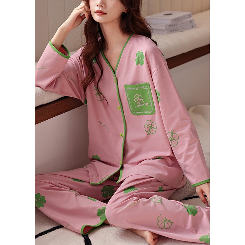 French Pink V Neck Print Patchwork Two Piece Set Spring