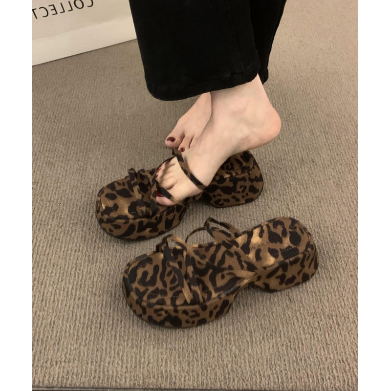 French Platform Leopard Slide Sandals Peep Toe
