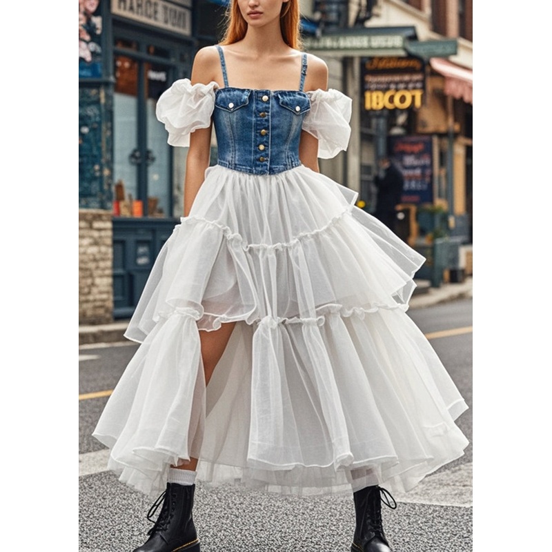French Puff Sleeve Patchwork Denim Tulle Spaghetti Strap Dress Summer