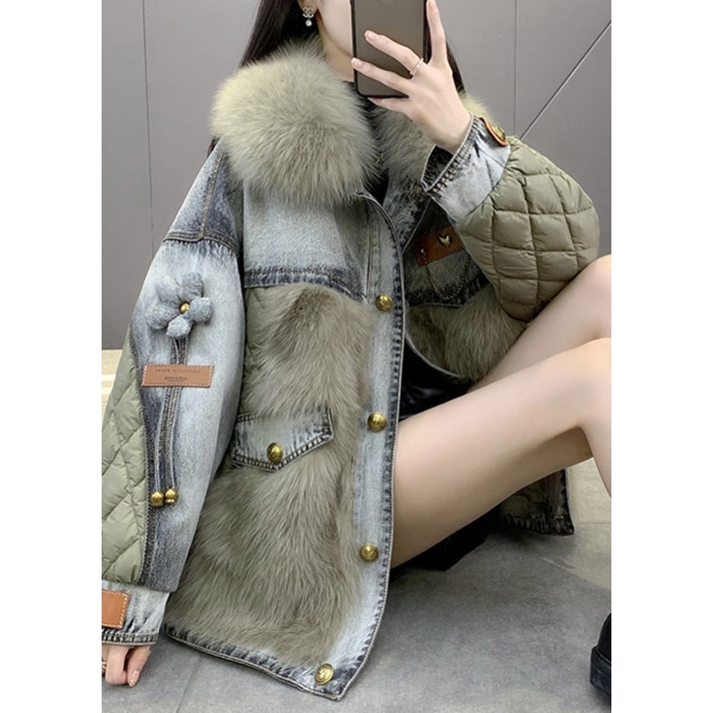 Green Denim Patchwork Button Faux Fur Coats Winter