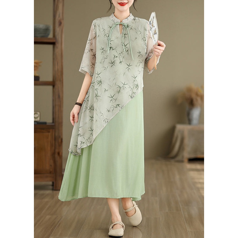 Green Print False Two Pieces Cotton Dresses Stand Collar Summer