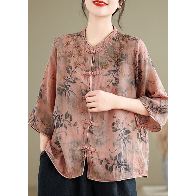 Handmade Pink O-Neck Print Embroidered Button Top Half Sleeve