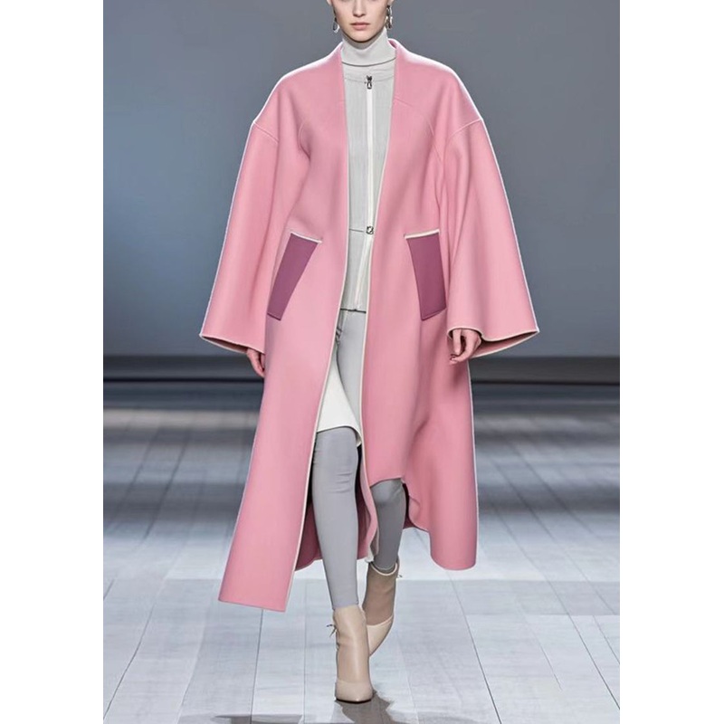 Handmade Pink V Neck Patchwork Woolen Trench Fall