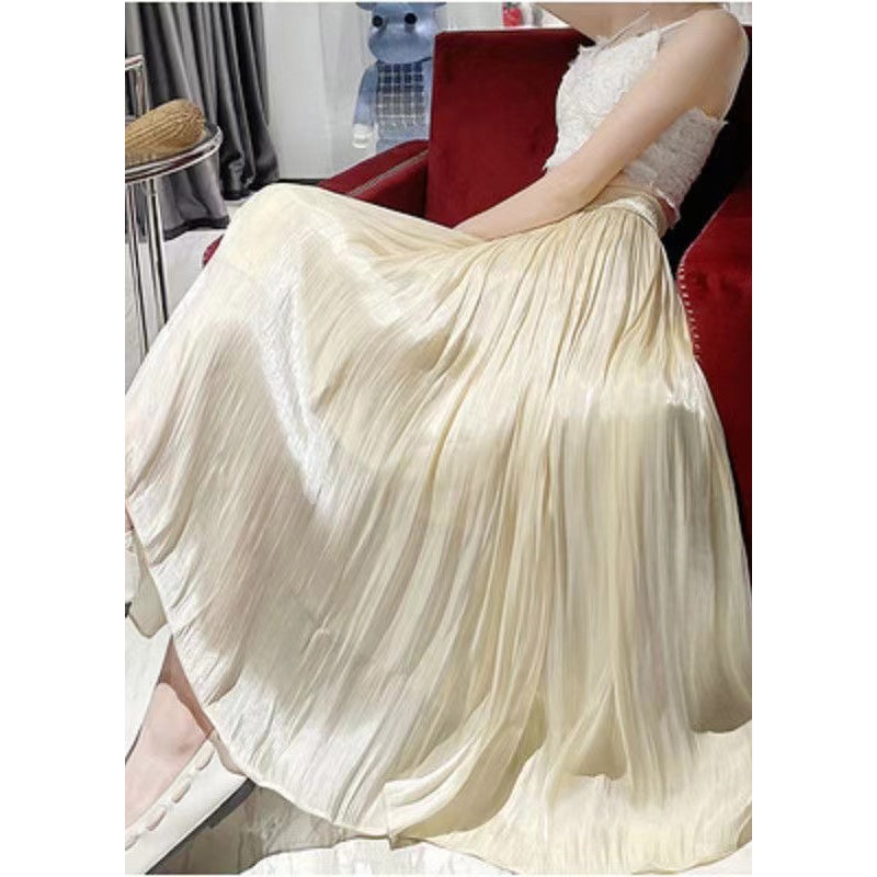Italian Apricot High Waist Wrinkled Silk Skirts Spring