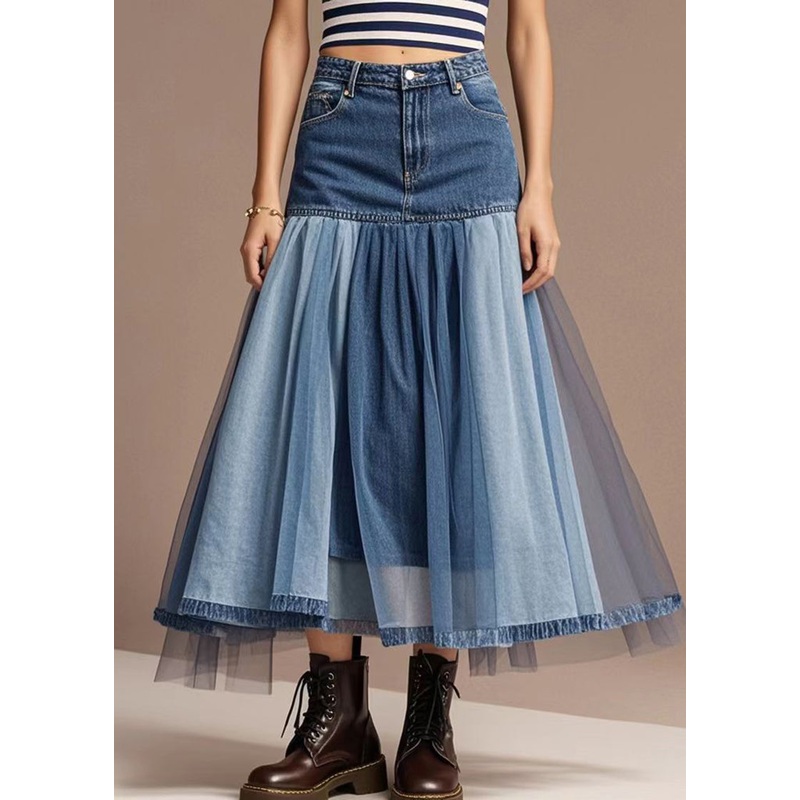Italian Blue High Waist Patchwork Denim Skirts Fall