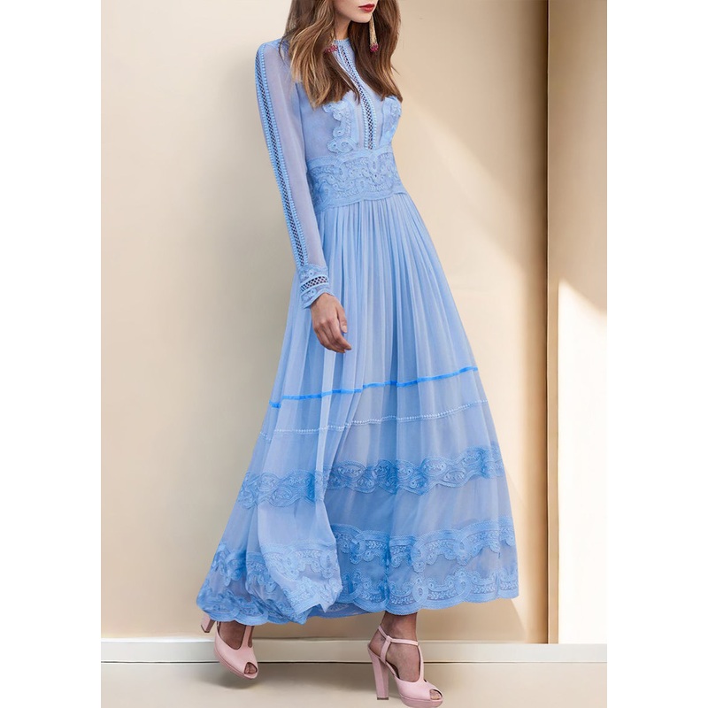 Italian Blue O Neck Wrinkled Lace Patchwork Chiffon Dresses Spring