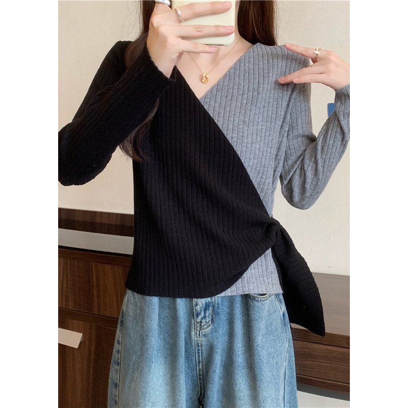 Italian Grey V Neck Asymmetrical Cross Strap Knit Top Fall