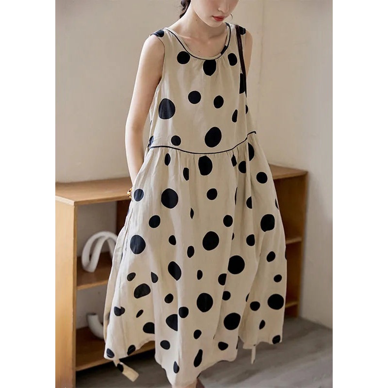 Italian O Neck Dot Tie Waist Cotton Long Dress Sleeveless