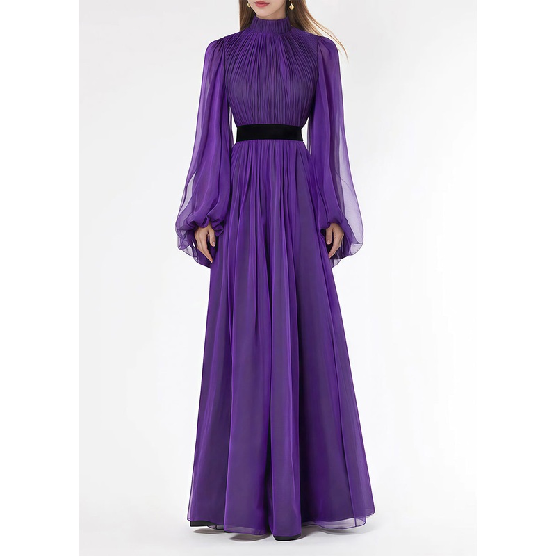 Italian Purple Stand Collar Wrinkled Silk Long Dresses Lantern Sleeve
