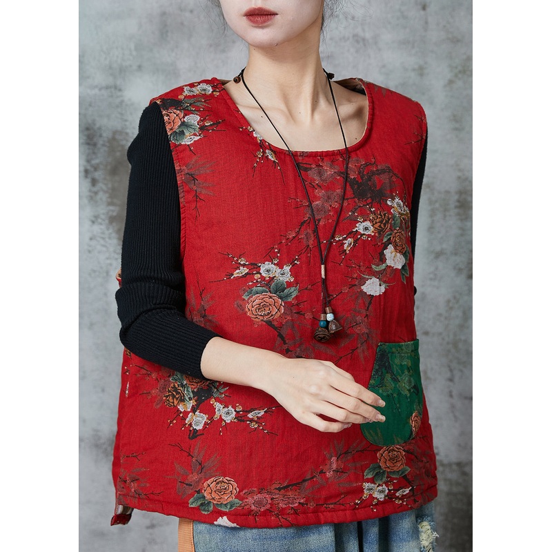 Italian Red Print Fine Cotton Filled Vest Tops Spring